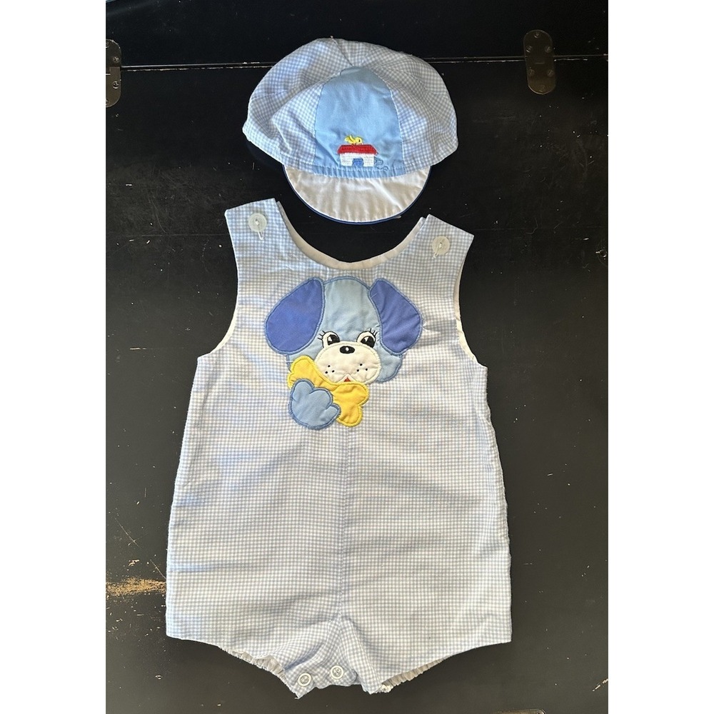 Vintage Baby Boy Blue Gingham Shortall Romper Puppy Applique 6-9 Months